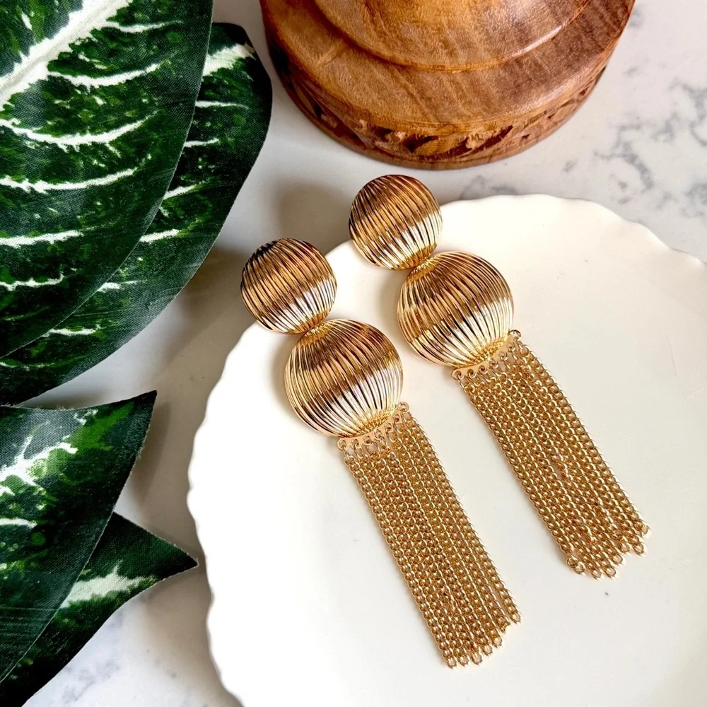 2/$30🌵 Gold Ribbed Circle Metal Long Tassel Chain Earrings Boho Jewelry Gift NEW